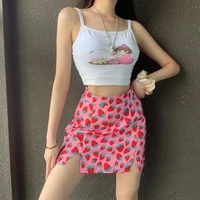 women cottagecore high waist strawberry skirt summer 2022 female fashion slim fit tight pink chic skirt sexy split mini skirts