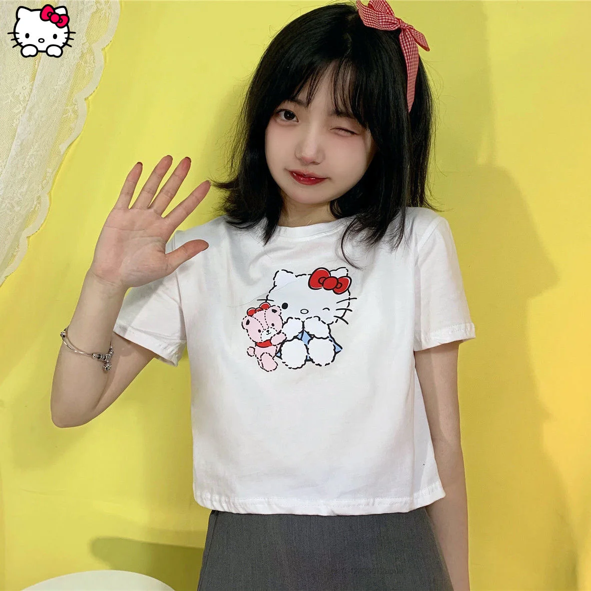Sanrio Hello Kitty Japanese Cute Cartoon Printed Short Sleeve T-shirt Female Student 2022 New Open Navel Korean Loose Y2k Top