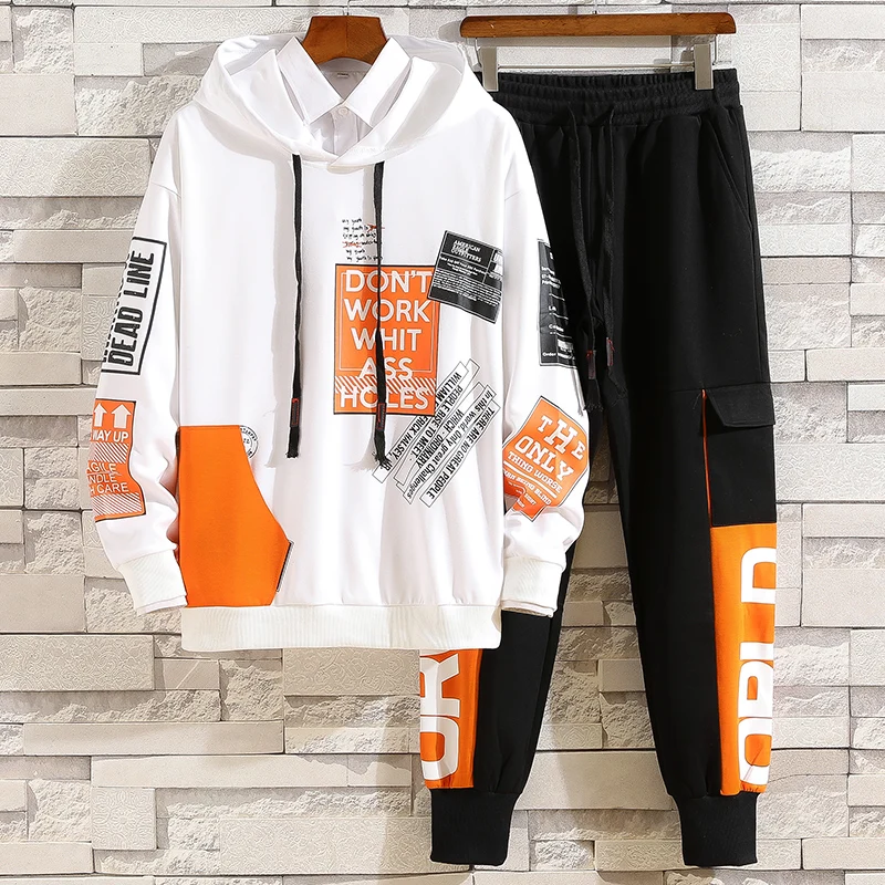 Fashion Men's Set Korean Style Spring Autumn Elastic Waist Trousers+Long sleeve Pullover Sweatshirt Set Casual Men Clothing Sets