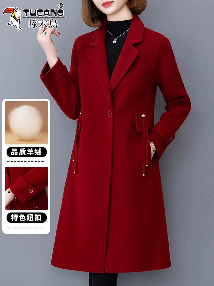 Woodpecker Red Double-sided Cashmere coat Women Winter 2024 New Small Plus size Mid-Length Woolen Jacket