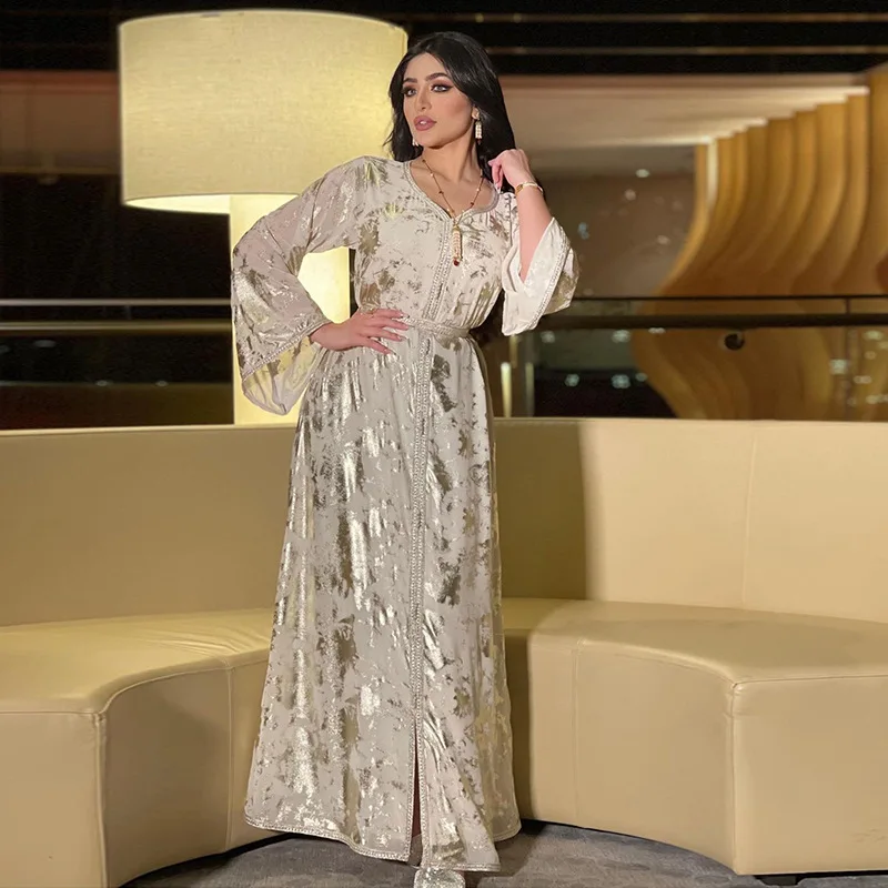 Modest Dress Middle East Spring 2023 New Muslim Hot-stamping Robe Women Two-piece Dress with Belt Long Dresses Prom Dress