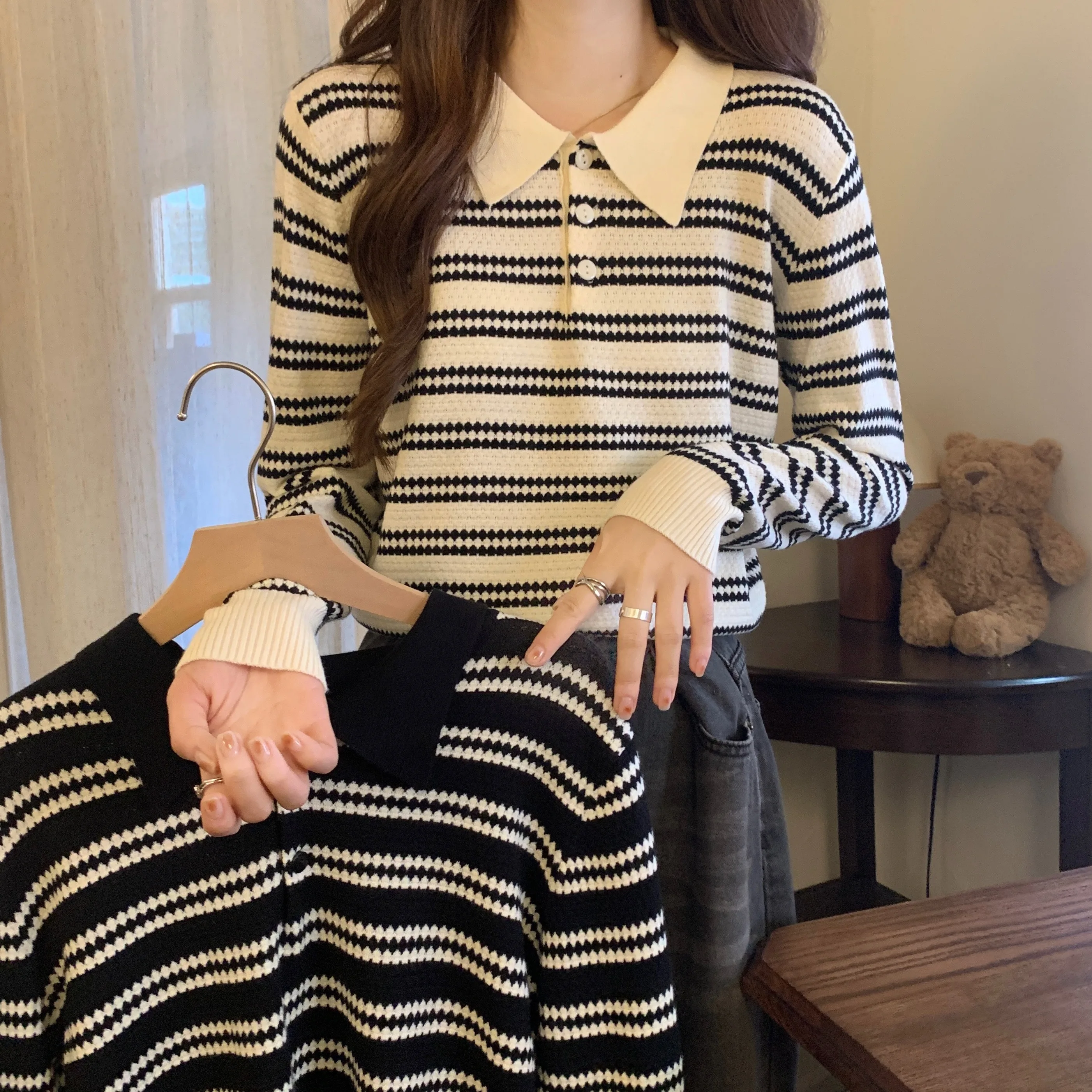 

autumn korean Bottoming Shirt Women's Tops Stripe stitching casual slim button Knitted Sweater women Pullover All-match Sweaters
