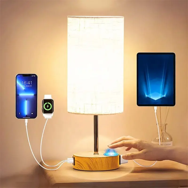 

Ночник для спальни с USB и зарядным портом переменного тока, комнатный декор, настольная лампа, тканевый абажур для домашнего прикроватного о...