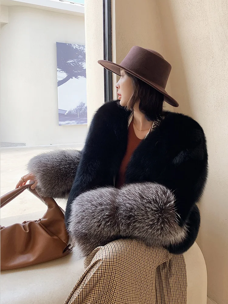 2022 New Winter Natural Real Fox Fur Coat Women Whole Skin Genuine Leather Fur Jacket With Silver Fox Fur Sleeve Coat for Female