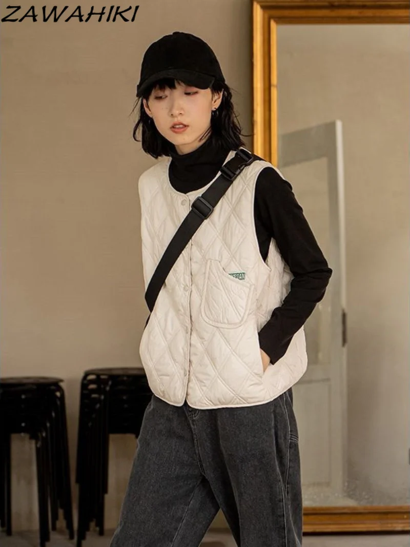 

Осенне-зимняя женская одежда с круглым вырезом хлопковый жилет без рукавов на пуговицах теплый жилет Харадзюку однотонные женские куртки