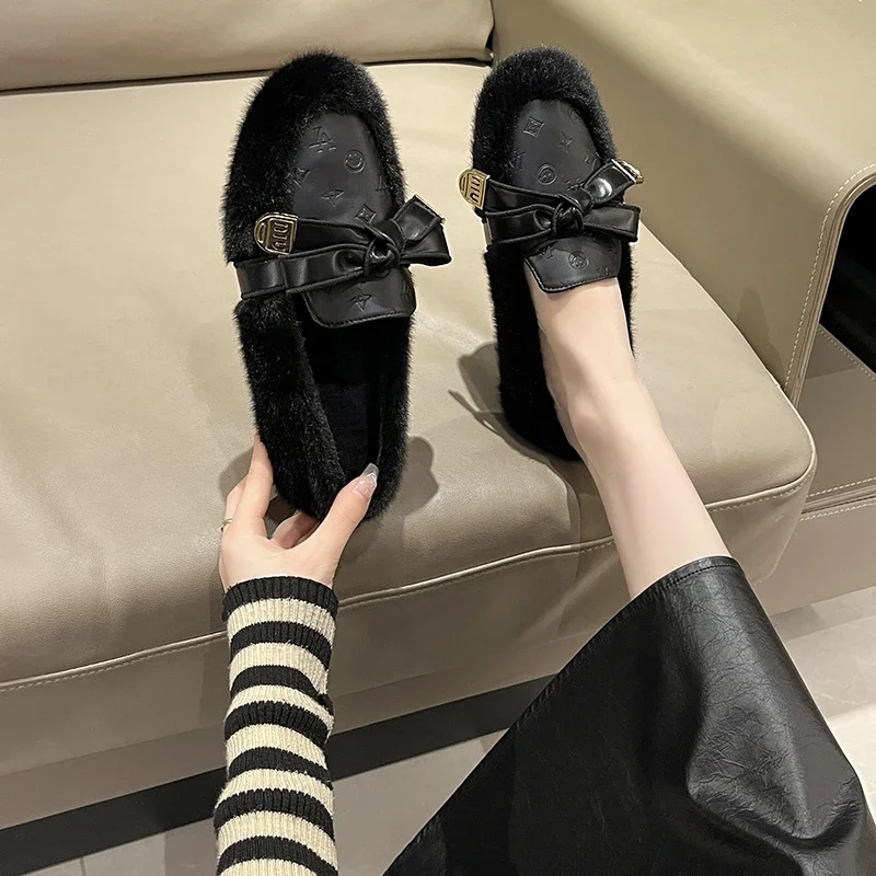 

2024 зимние хлопковые туфли, женские лоферы, теплая плюшевая удобная обувь на плоской подошве, повседневные Мокасины, уличная пушистая женская обувь без застежек