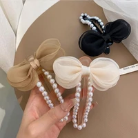 women pearls beaded large duckbill clip elegant ponytail holder barrette mesh bow pearl hair claw clip organza hair accessories