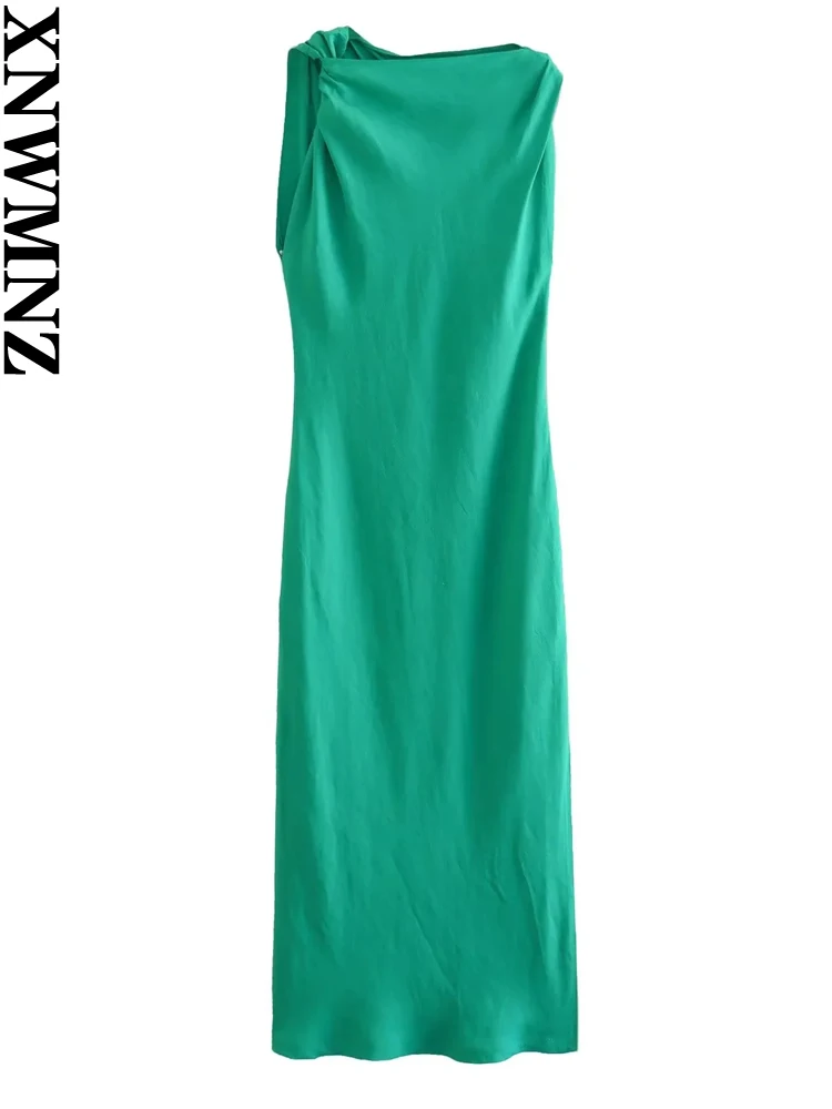 

XNWMNZ Women's Fashion 2023 Linen Blend dress Women Vintage Elegant Gathered Split Hem Female Chic Midi Dresses