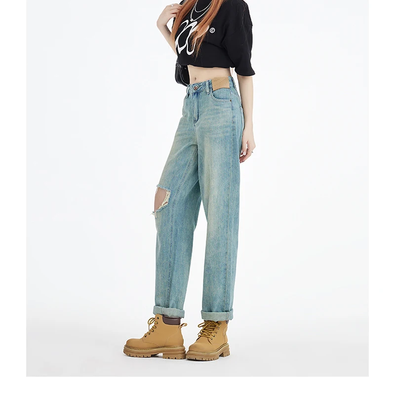 Real time photo of jeans for women in 2023 long pants for autumn and winter commuting retro blue washed holes loose Harlan strai