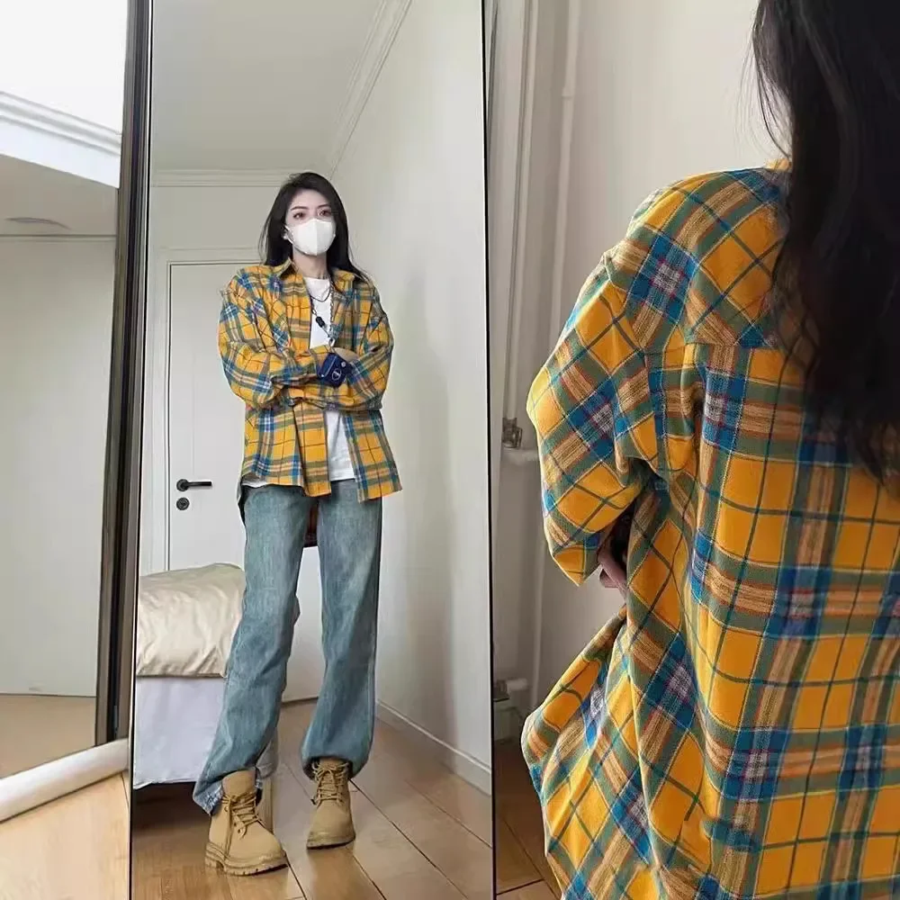 Новый сезон женская желтая клетчатая рубашка куртка французский тонкий