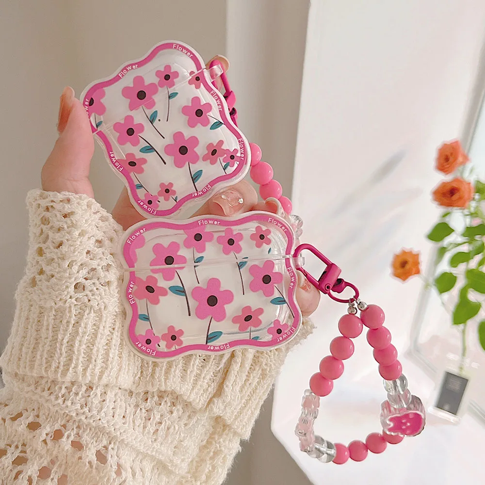 

Retro Pink Fresh Flowers Case for Apple AirPods 2 Pro 3 Cases with Bracelet for AirPod 2 Headset Charging Box Clear Cover funda