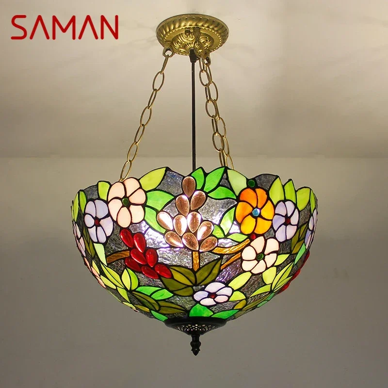 Фото Подвесной светильник SAMAN Tiffany, светодиодный ретро-крестительный светильник для гостиной, ресторана, спальни, виллы, коридора отеля, цветная стеклянная люстра №1