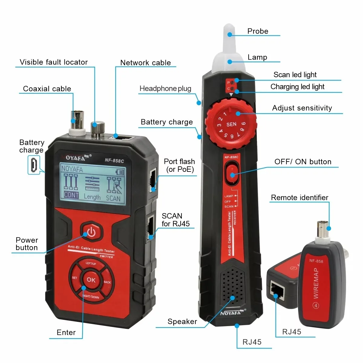 Многофункциональный тестер кабелей NOYAFA NF-858C с ЖК-дисплеем для Cat5, Cat6, коаксиальных кабелей, RJ11, RJ45, BNC, USB, с функцией проверки целостности цепи (art.: 3920da2acaad7) - 3920da2acaad7