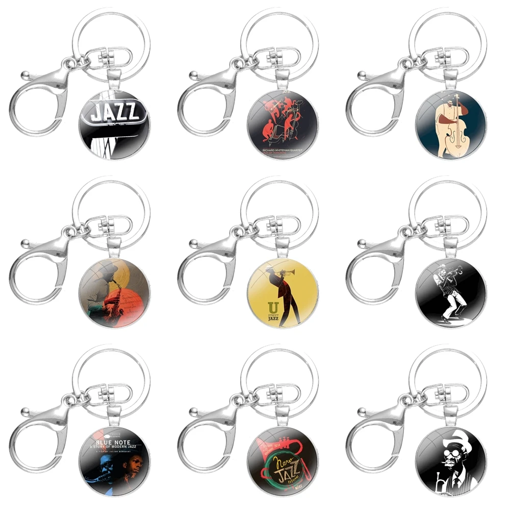 Keychain Handmade Glass Cabochon Key Ring Holder Pendant Key Chains Blue Note Jazz Music Records