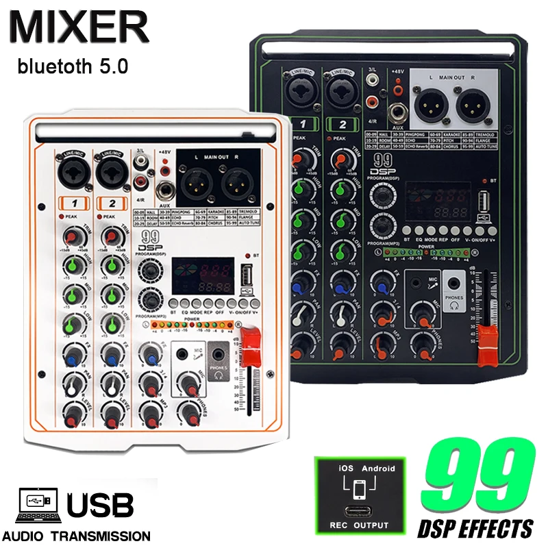 

Звуковой микшер 99 DSP, 4-канальный портативный DJ-микшерный пульт, USB-интерфейс, компьютерная запись, 48 В, монитор с фантомным питанием