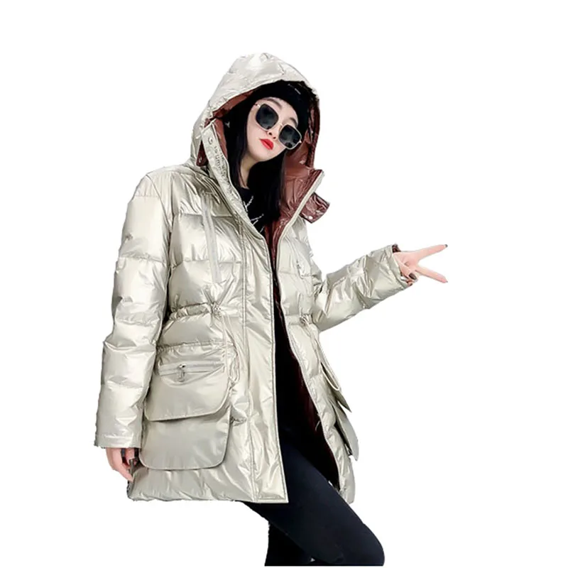 2022 New Warm Hooded Women Down Jacket Winter High-Quality White Duck Down Women Down Jacket Thick Loose Glossy Overcoat NBH685