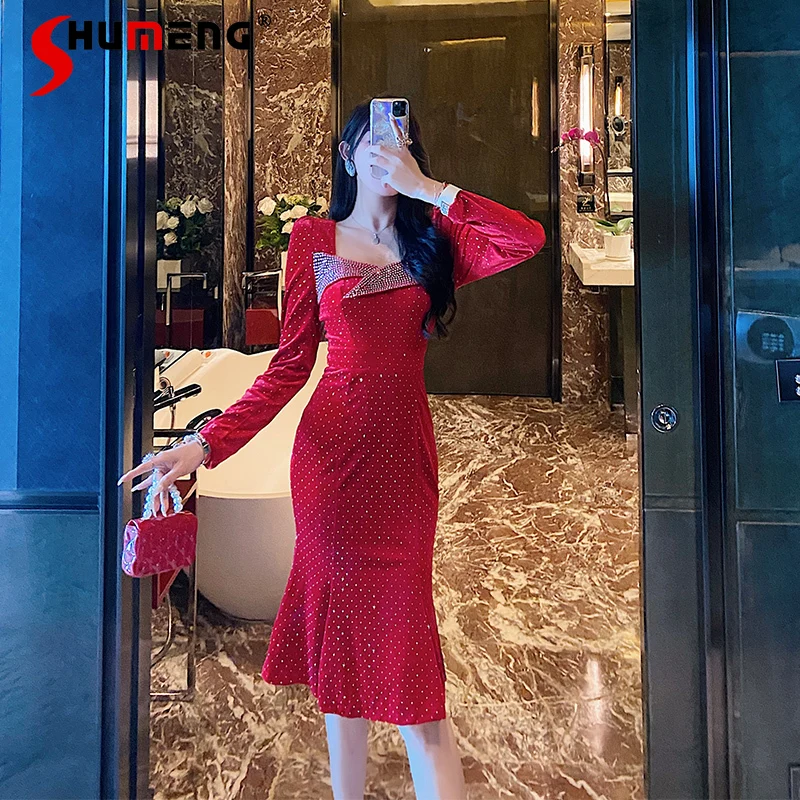 

Женское бархатное платье-русалка, элегантное красное платье во французском стиле с вышивкой, праздничное платье до середины икры, весна 2022