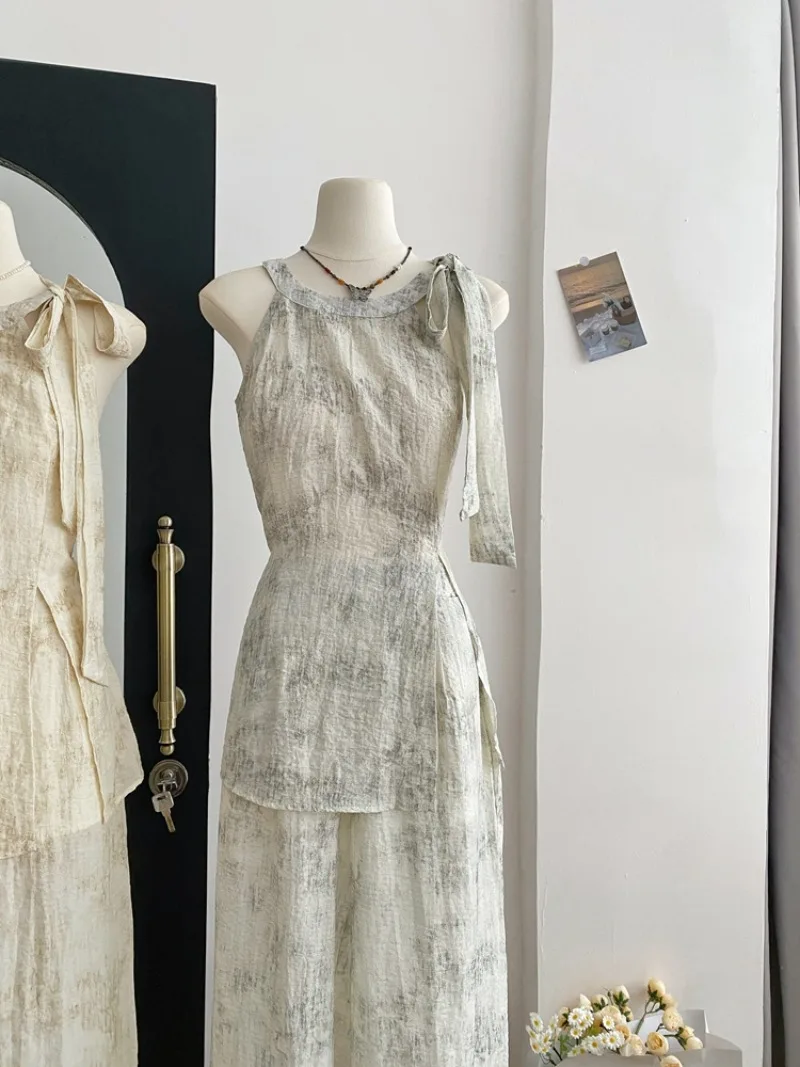 Новинка лета 2024 стильная маленькая рубашка Miiiix с завязкой на шее и широкие брюки