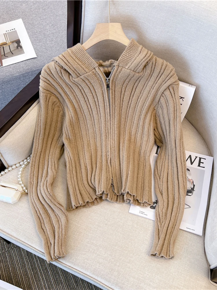 

Осенне-зимний женский однотонный трикотажный кардиган с отложным воротником и длинным рукавом