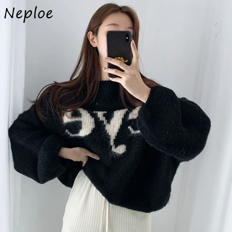 

Neploe Loose O-neck Letter Printed Sweater Female Long Sleeve Mohair Knitting Pullovers Autumn 2022 Women Aesthetic Sweater