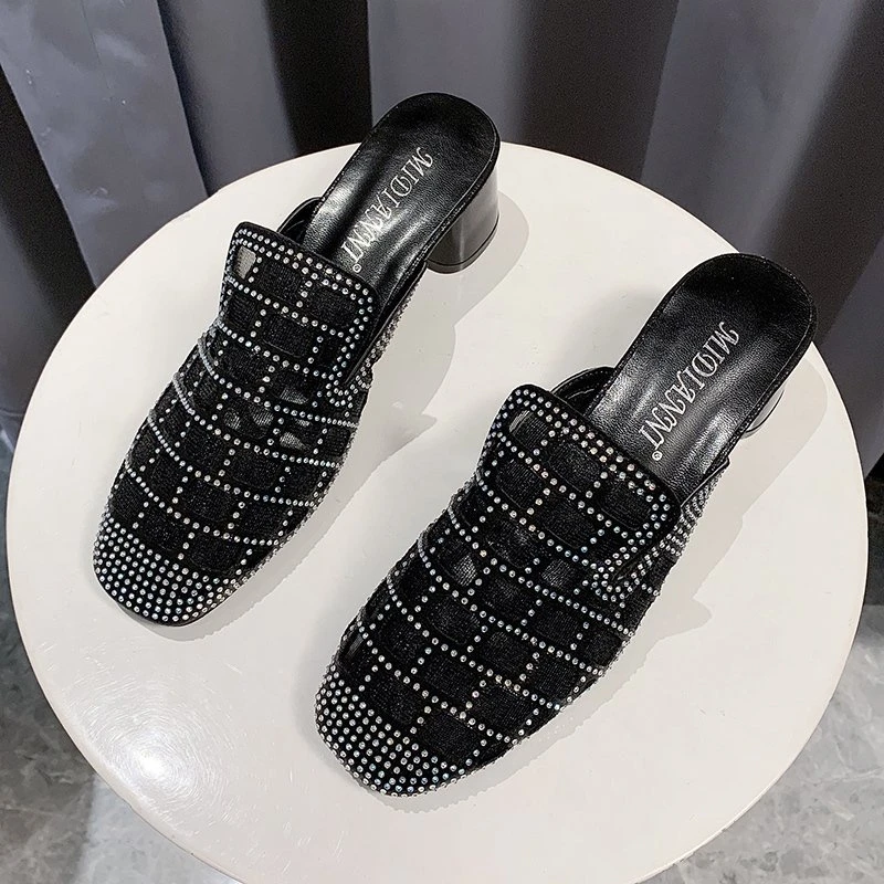 

Summer Elegant High Heel Women Sandals Sexy Chunky Heel Shoes Lady Thick Heel Slip-On Mules Shoes Flip Flops Women Home Shoes