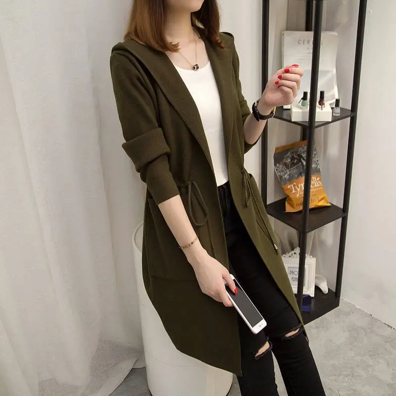 2022 Spring Autumn Women Belt Loose Hooded Knitted Long Cardigan Sweater Jacket Female Casual Warm Tricot Coat Casaco Mujer K109 |