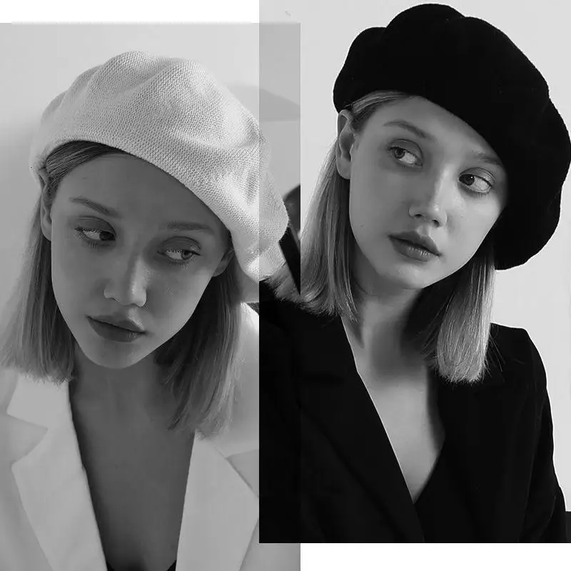 Windproof Warm Loose Head Round Beret Female Cloud Cap Spring Summer Black and White Hats for Women Painter Octagonal Hat Boina