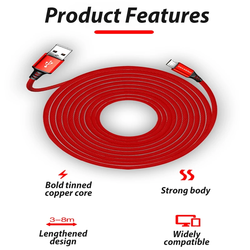 3m/5m/8m Multiple Lengths Micro Usb Cable Fast Charging Speed Effective PVC Protection For Android Xiaomi Phone Wire |