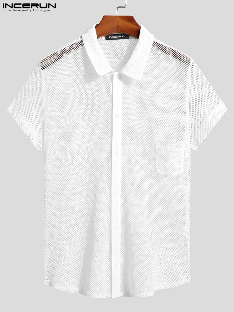 Fashion All-match New Men Tops INCERUN Casual Simple Short Sleeve Shirts Male Sexy Comfortable Mesh Breathable Thin Blouse S-5XL