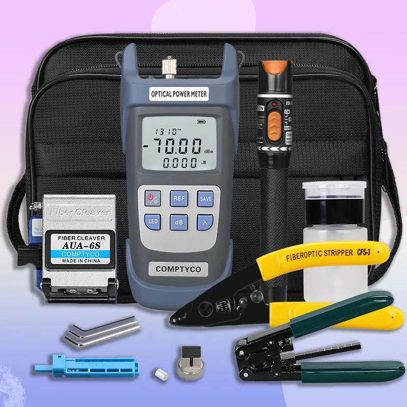 

Fiber Optic Tool Kit With -70~+10dBm Fiber Optica Power Meter FTTH AUA-6S Fiber Cleaver 10mW Visual Fault Locator CFS-3 Stripper