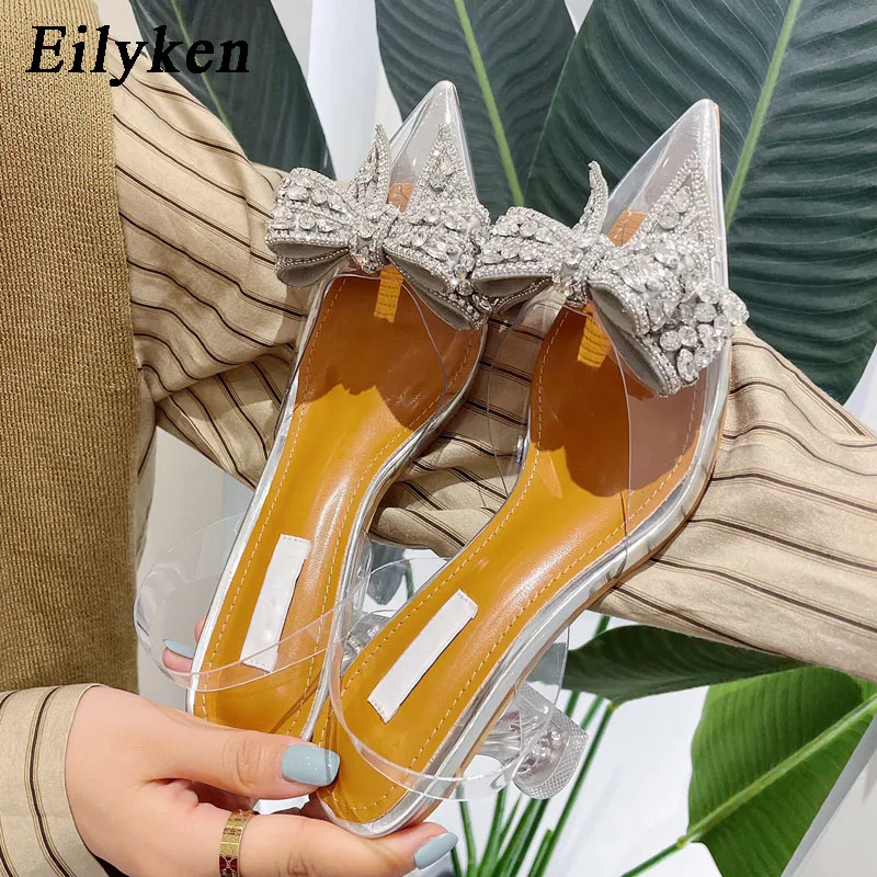 

Eilyken New Pointed Toe Women's Pumps Bowknot Rhinestone PVC Transparent Shoes Fashion Party Summer High Heel Sandals