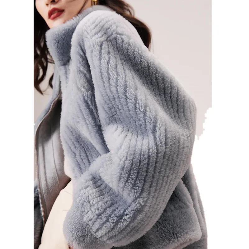 Spring Autumn Women's Coat Fashion Loose  Stand Collar Show Thin Imitated Lamb Fur Coat Casual Fake Fur Coat