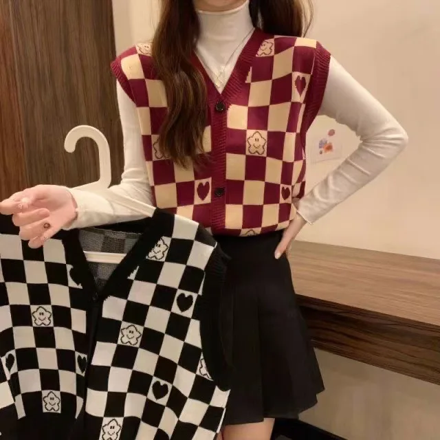 

V-neck Single-breasted Button Knitted Cardigan Sleeveless Vest Slim Temperament Plaid Top Retro Vest Autumn Winter Outer Wear