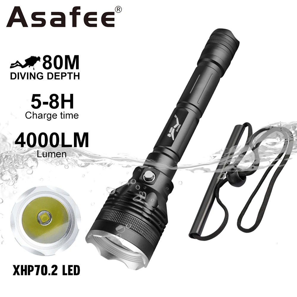 

Asafee FL027D 80M Underwater Scuba Torch P70 LED 4000LM Diving Flashlight Magnetic Switch IPX8 Waterproof Lamp Amphibious