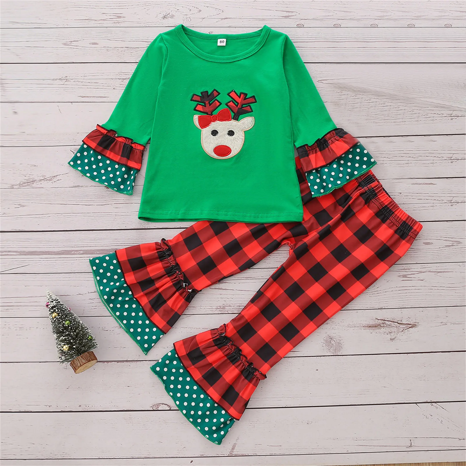 

Xmas Toddler Kids Baby Girls Clothes Sets Cute Cartoon Christmas Party Winter Long Sleeve Tops+Plaid Long Pants Sets 1-6 Yrs