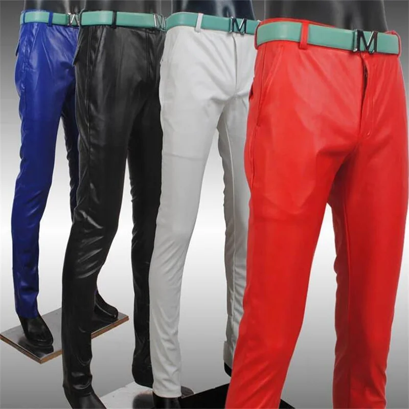 White leather pants mens feet pants fashion thin motorcycle pu trousers for men personality pantalon homme waterproof red blue