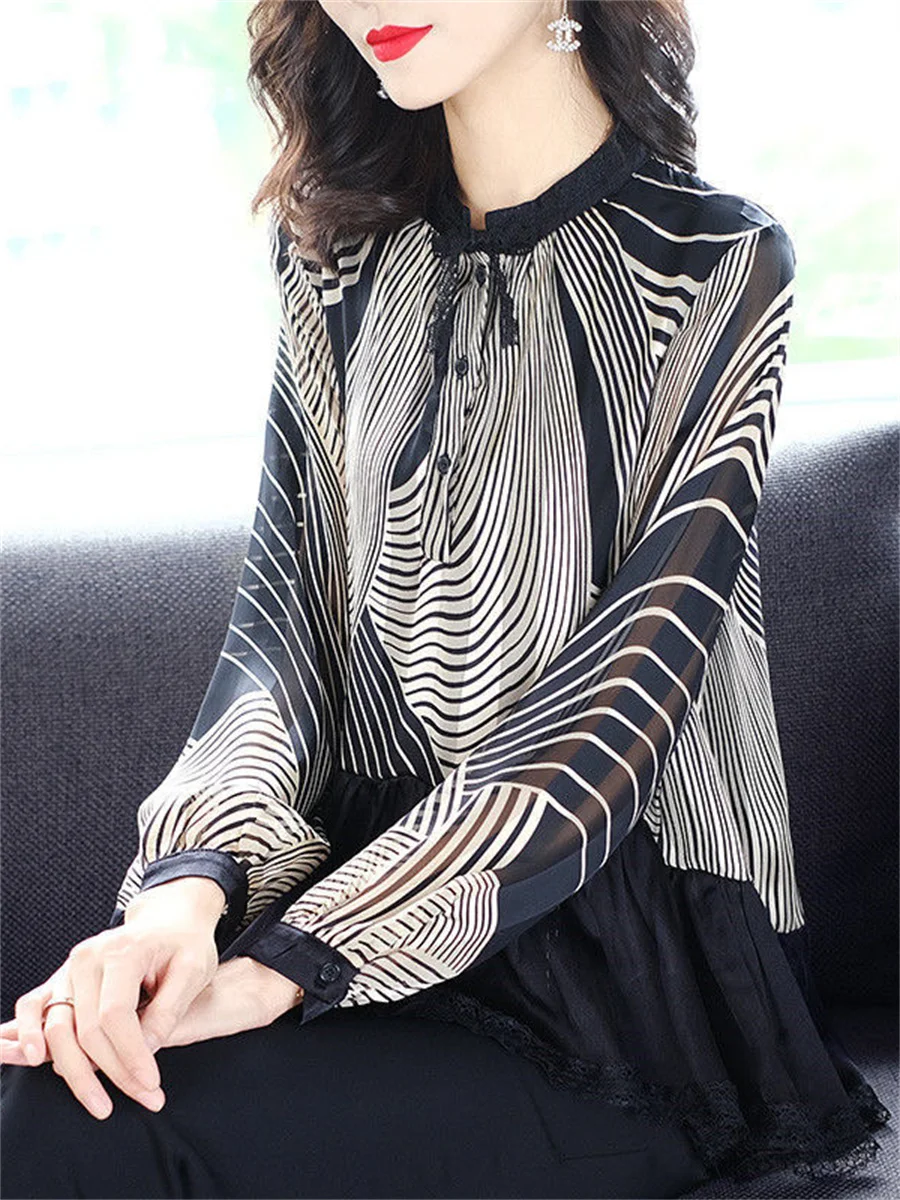 

Woman Spring Autumn Style Chiffon Blouses Tops Lady Casual Long Sleeve Stand Collar Striped Print Loose Long Blusas Tops DF4511
