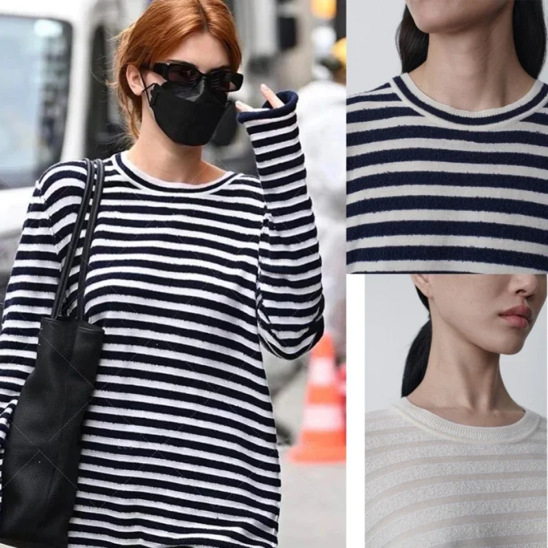 LUXURY-Сине-белый вязаный свитер в полоску для женщин смешанный кашемир круглый