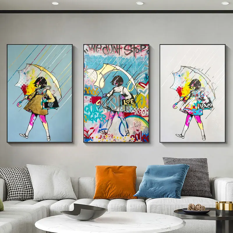 Маленькая девочка с зонтом граффити Искусство Холст Картина улица поп-арт-стена