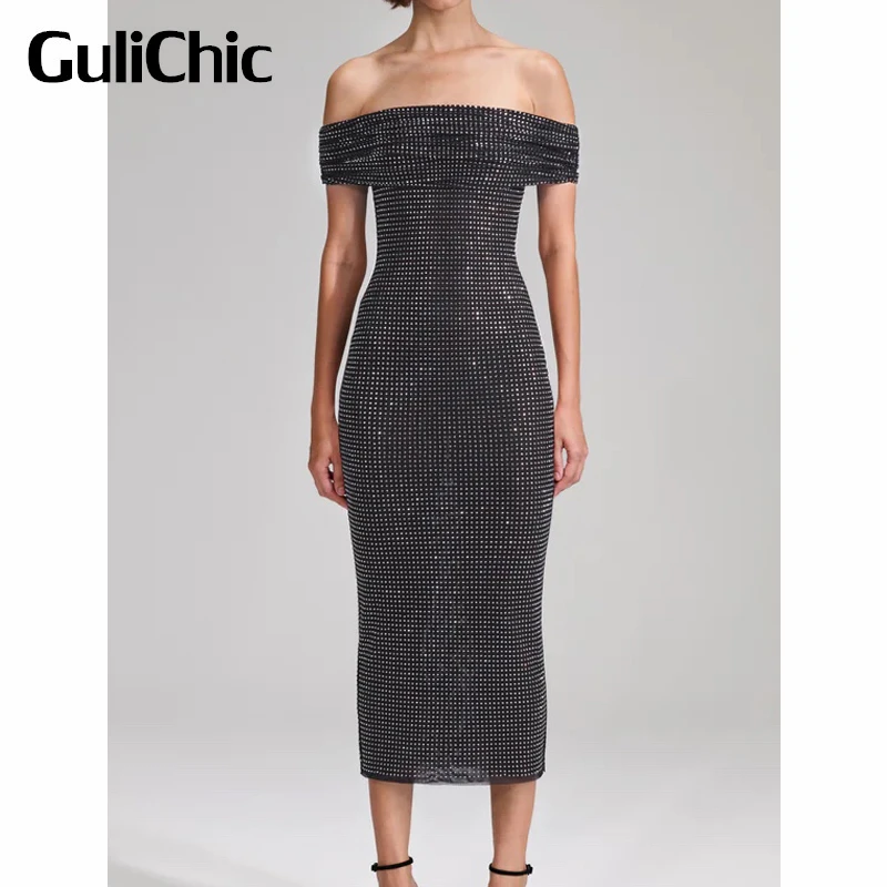 

7.11 GuliChic Women Beautiful Banquet Club Heavy Industry Diamonds Rhinestone Sexy Off Shoulder Slim Double Layer Mesh Dress