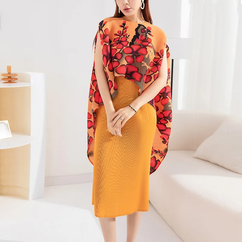 

Женское плиссированное платье миаке, модный свободный костюм из двух предметов с рисунком, женское платье до середины икры со складками и круглым вырезом