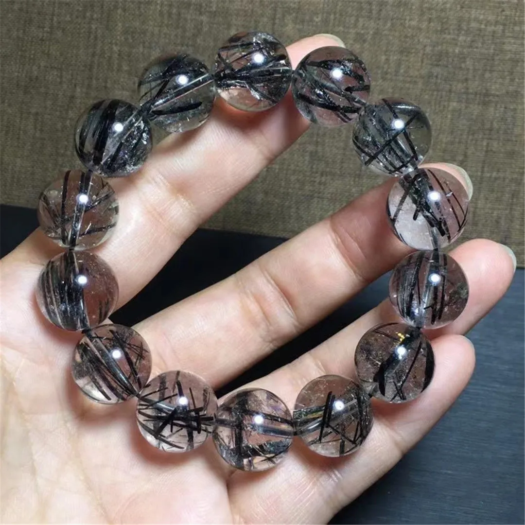 

15mm Natural Black Rutilated Quartz Bracelet Jewelry For Women Men Gift Gemstone Crystal Reiki Beads Energy Stone Strands AAAAA
