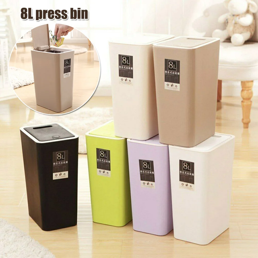 

8L Plastic Trash Can Pressing Cover Home Kitchen Office Waste Bin Storage Bucket Wastebasket Kitchen Accessories Supplies BJS