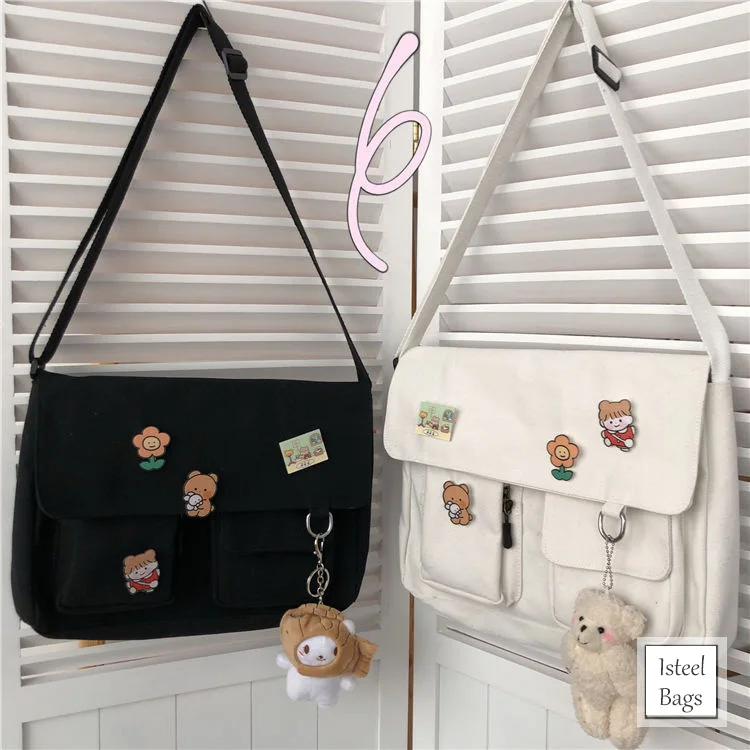 

Women Simple Money Crossbody Shoulder Bags Cute Badges Casual Satchel Girls Handbags Female Canvas Diagonal Cross School Bag