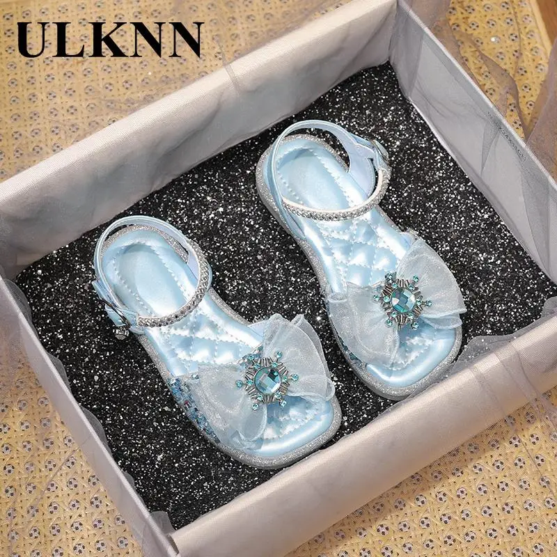 

Children Blue Sandals Girls Birthday Gift Bowknot Shoes Kid's New Summer 2023 Rhiestone Shoe Princess Little Girl Baby Shoes
