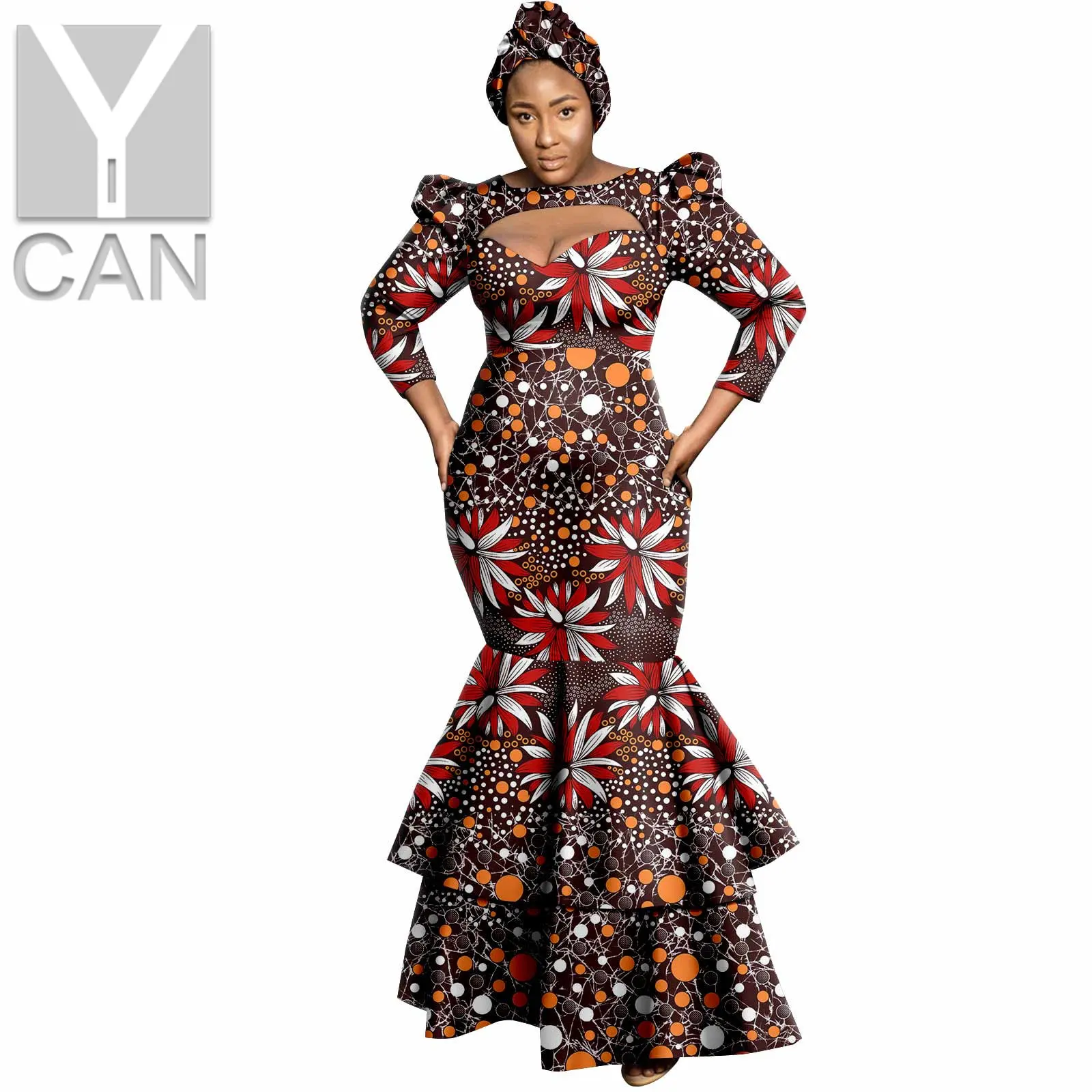 

Dashiki African Dresses for Women Bazin Riche Vintage Slim Ankara Print Ruffles Long Mermaid Dress with Turban Headwrap Y2225043