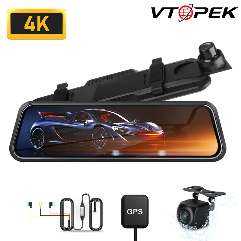 

Vtopek 10inch 4K Car DVR Stream Media RearView Mirror Dash Cam 1080P Night Vision Touch Screen Video Recorder Auto Registrar GPS