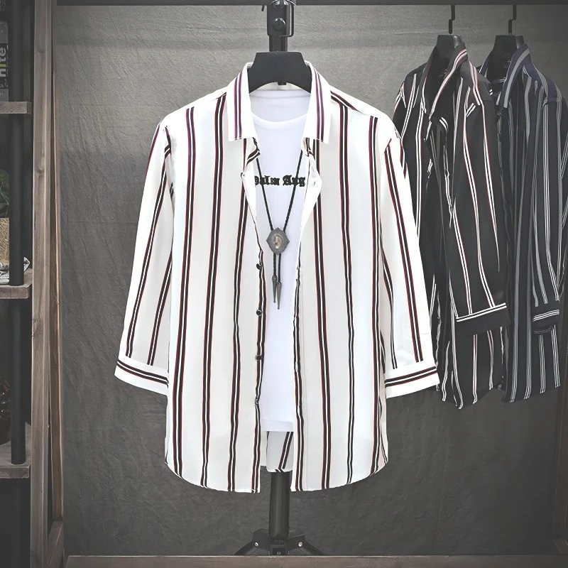 

Shirts and Blouses for Men Striped Long Sleeve Silk Clothing Korean Style New In Xxl Luxury Man Tops Regular Designer Social S I