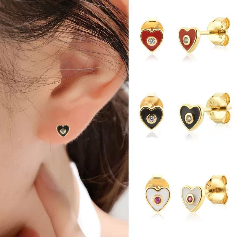 

Love Heart Earrings White Diamond Stud Earrings Female S925 Silver Heart-Shaped Simple Peach Heart Freshess Earrings Jewelry