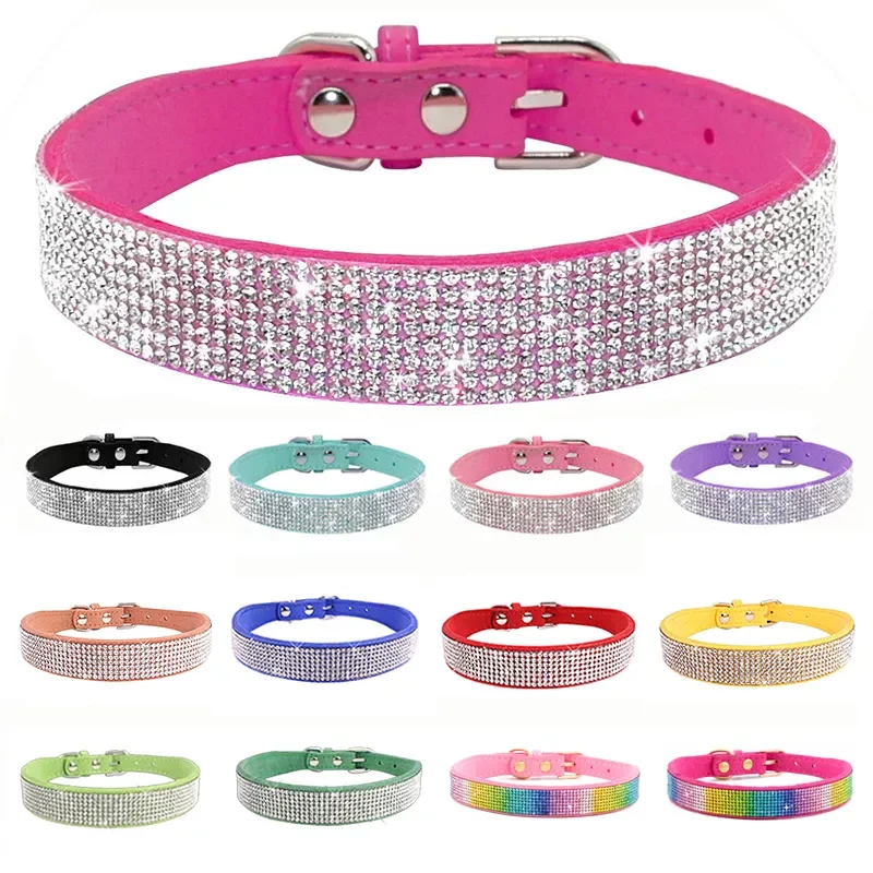 

NEW Comfortable Suede Fiber Crystal Dog Collar Glitter Rhinestone Dog Collars Zinc Alloy Buckle Collar for Small Dogs Cats XS/S/